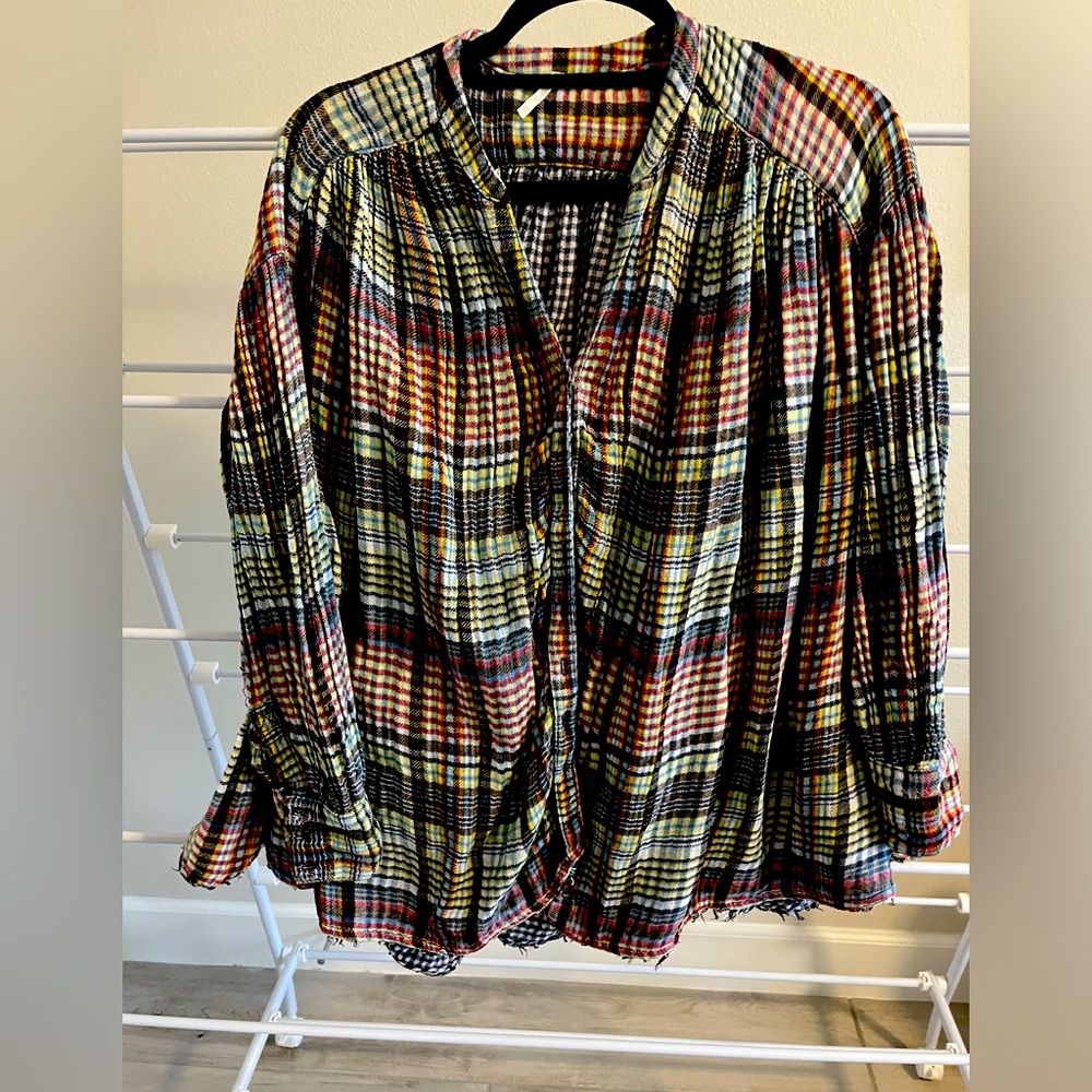 FREE PEOPLE cozy light flannel plaid button down blouse. Full and warm